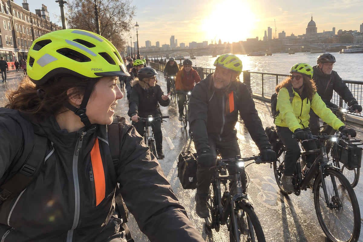 A loose group of eight or nine people of different ages riding slowly together along a riverside path at sunrise, most in PEDAL Helmets, a couple in the Jacket, front lights still on, talking across to each other.