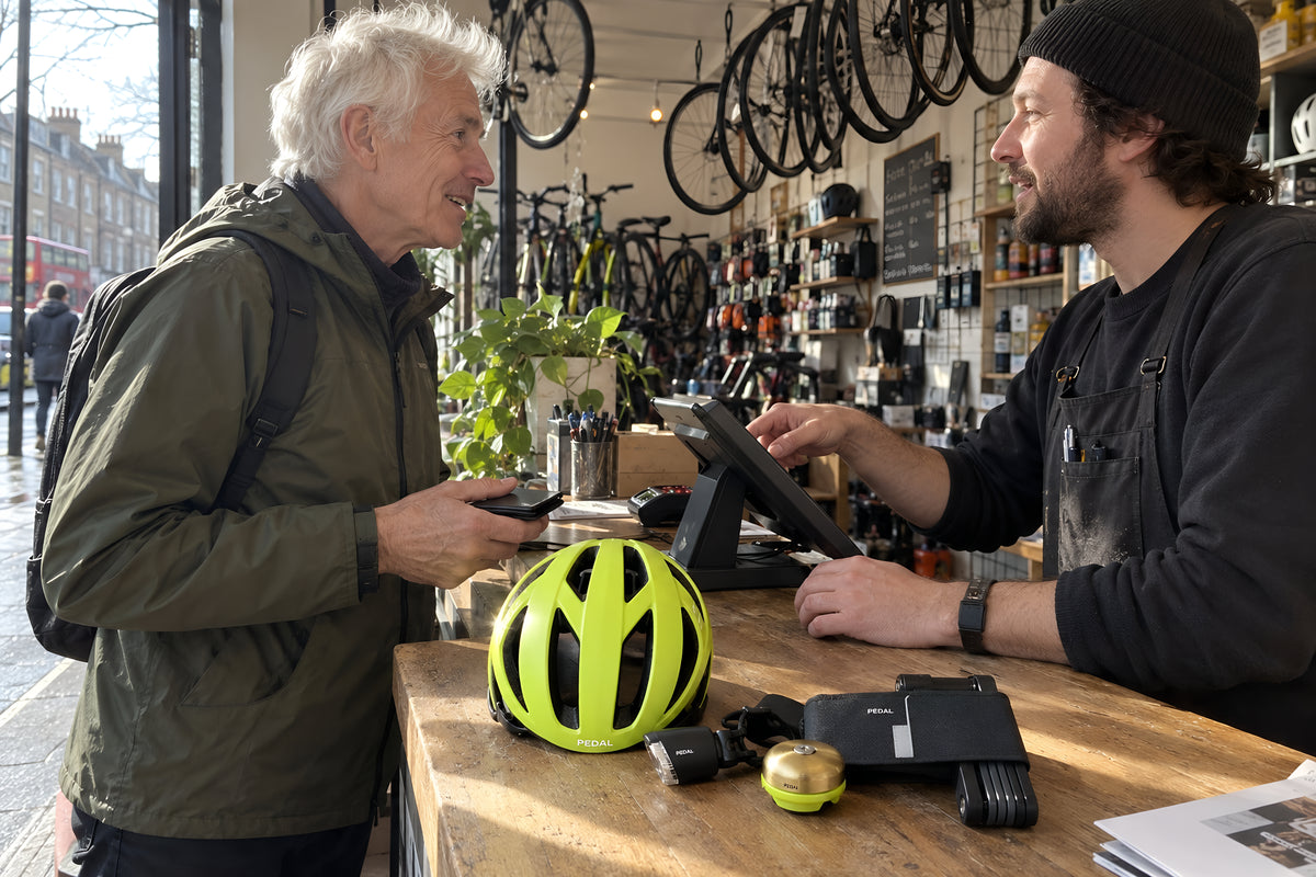 A bike shop counter with the PEDAL Commute Kit being rung through, the mechanic and the customer talking across it, wheels hanging behind.
