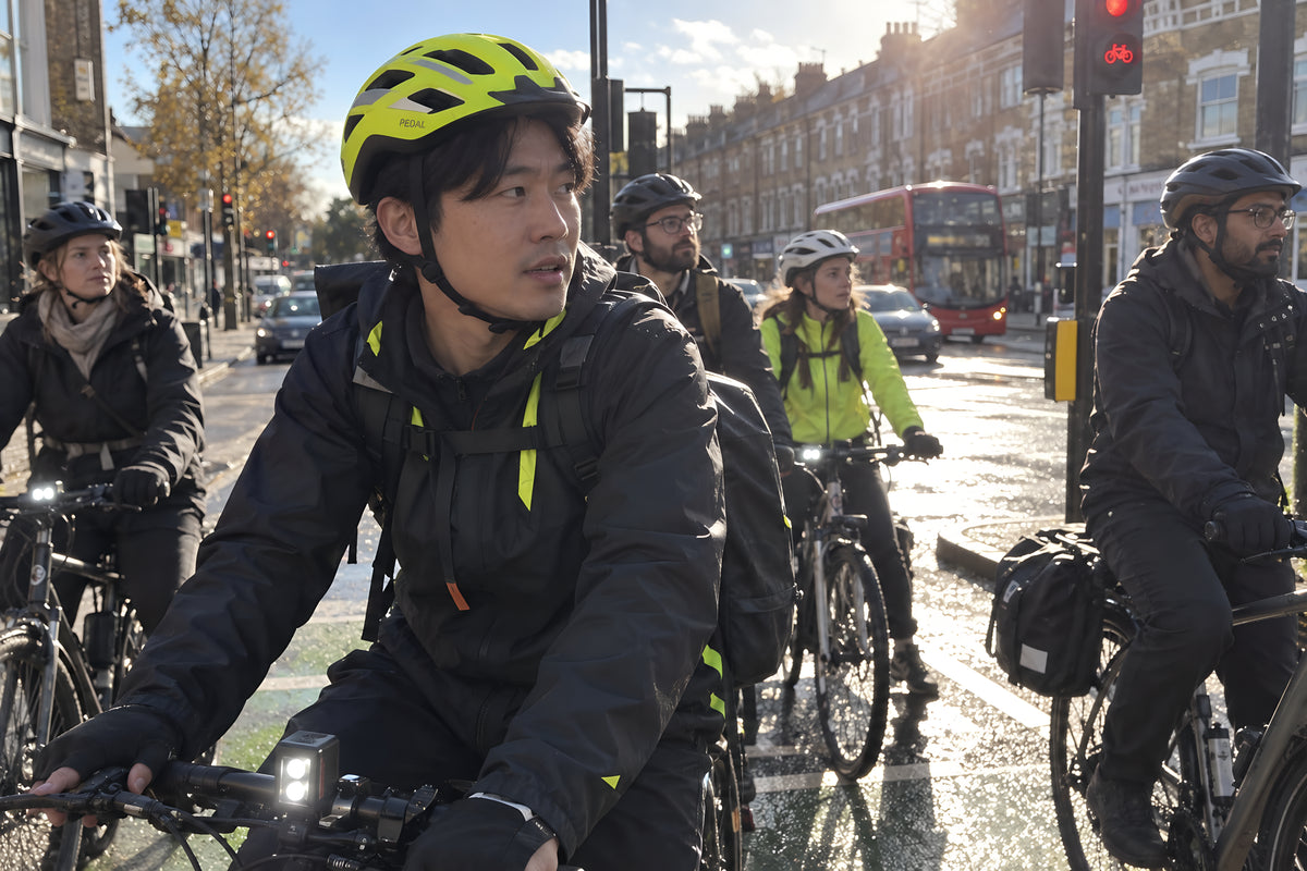 Five or six cyclists waiting in the green box at an intersection, two in PEDAL Helmets, front lights on in daylight, all watching the lights.
