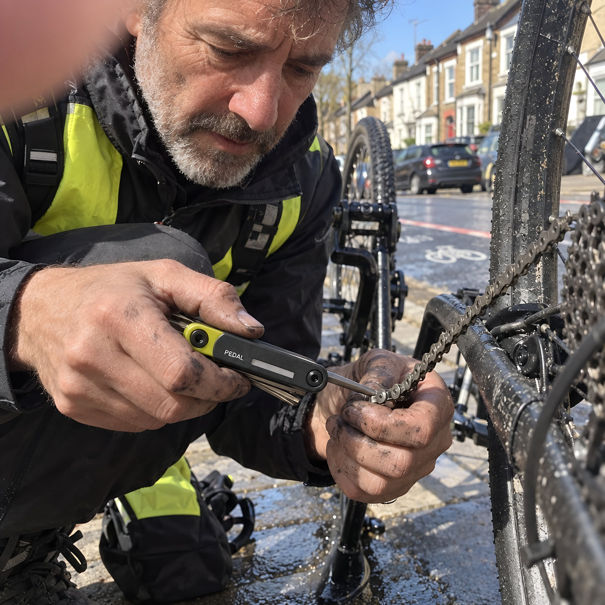 Close on hands using the PEDAL Multi-tool on a chain link, the bike upended on a sidewalk, grease on the fingers.