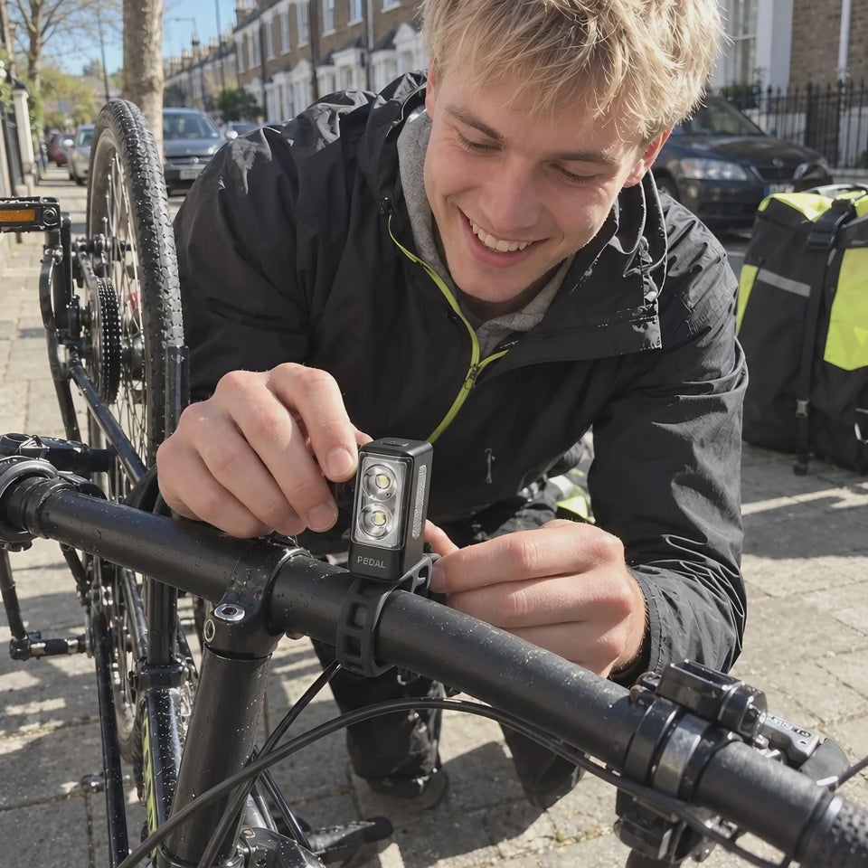 A rider strapping the PEDAL front light onto his handlebar and switching it on
